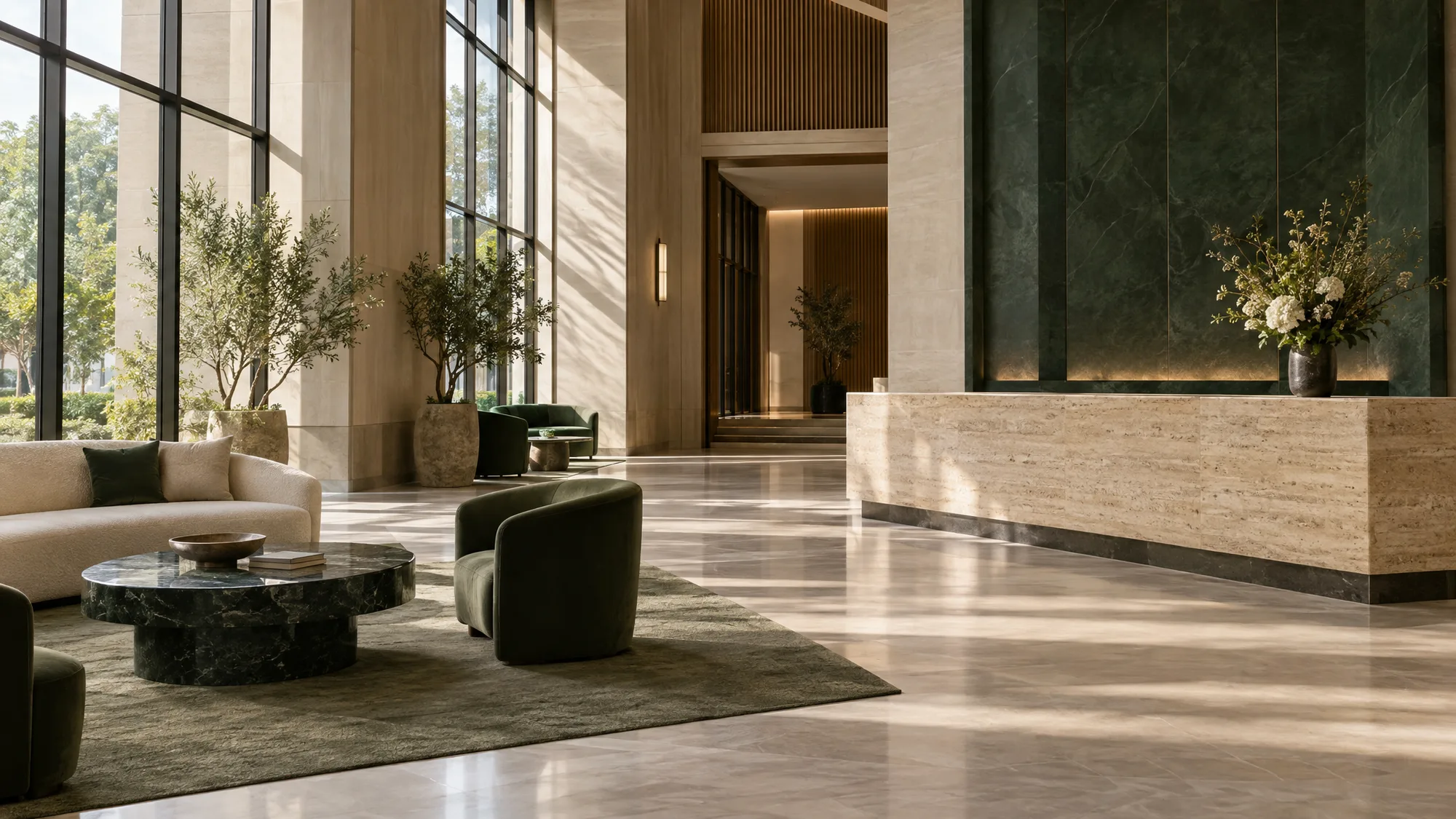 Boş lüks otel lobisi, traverten banko ve sabah ışığı