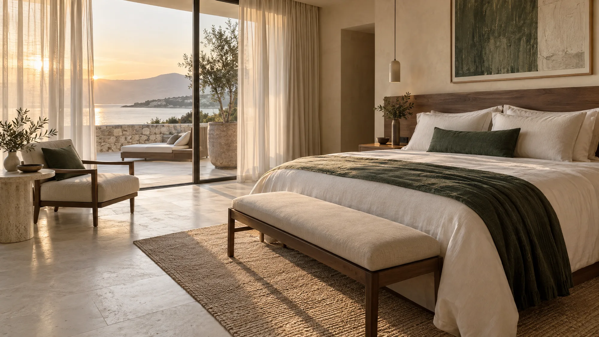 Boş lüks otel süiti, sabah ışığı ve deniz terası